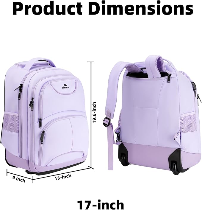 MATEIN Rolling Backpack for Women, 17 Inch Travel Laptop Backpacks with Wheels, Waterproof Large Roller Carry On Luggage Wheeled, Trolley Overnight Suitcase Business Computer Bag, Purple