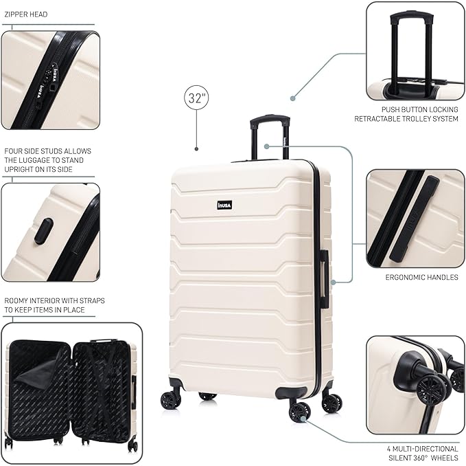 InUSA TREND Luggage with Spinner Wheels | Durable lightweight Hardside Suitcase, Travel Bag with Handle and Trolley | 32-inch Extra-Large Checked luggage | Sand