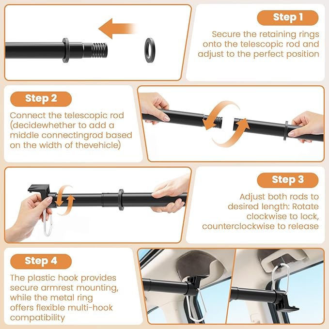Car Hanging Accessories,Travel Hangers,Telescopic Adjustable 30-63 Inches for Compact & midsize Cars,Automotive,SUVs,Trucks,Black
