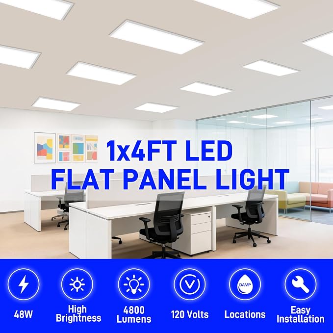 hykolity 1x4 LED Flat Panel Light,4800LM,3CCT 3000K/4000K/5000K | 48W Dimmable Edge-Lit Ceiling Fixture,Built-in Driver,Surface Flush Mount Light for Kitchen,Garage,Office,Workshop,4 Pack