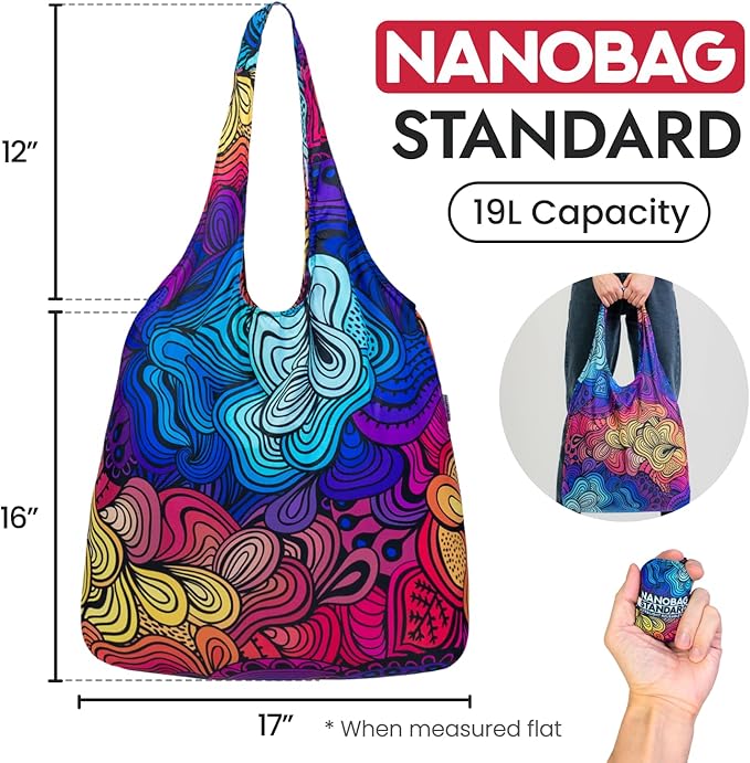 Nanobag Ultralight Foldable Tote for Women & Men, Reusable Grocery & Travel Bag, Packable Collapsible Compact Market Essential (Standard Blue Waves)