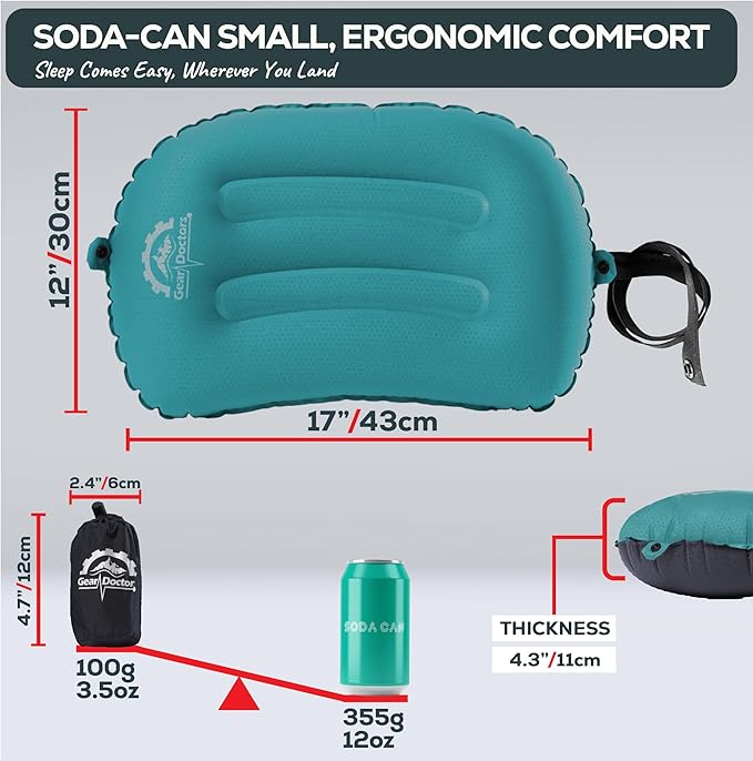 Gear Doctors 3.5oz Compact Ultralight Inflatable Camping Pillow —Inflatable Camp Pillow —Backpacking Pillows Ultralight—Camping Pillows for Sleeping, Hiking, Travel, Beach, Office, Neck, Lumper [Teal]
