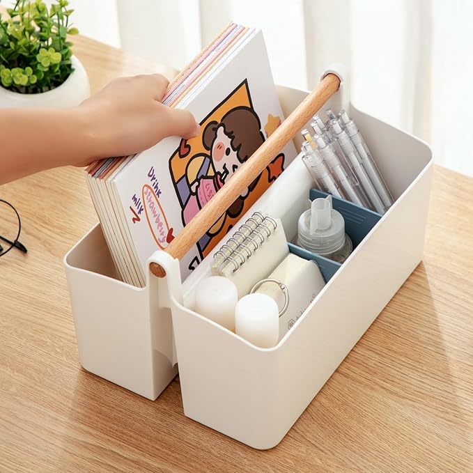 Vidifor Large Portable Basket with Handle, Plastic Craft Storage Organizer Caddy Tote with Adjustable Divided for Makeup Art Supplies, Sewing, Colored Pencils-Blue