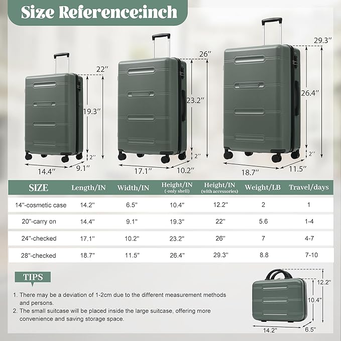 Merax Luggage Set 6 Piece,Lightweight Hardshell Suitcase with Double Spinner Wheels Handle Password Lock,14 IN Cosmetic Case 20/24/28 IN Luggages with Duffel Bag and Toiletry Bag,Army Green
