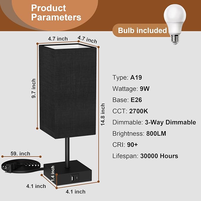 Touch Bedside Table Lamp for Bedroom, 14-Inch, Black, Set of 2 | USB A+C Ports, Touch 3-Way Dimmable LED Bulb Included Fabric Lampshade Metal Base Small Nightstand Lamp for Desk Living Room