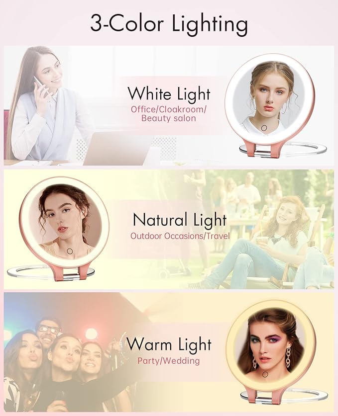 FASCINATE Magnifying Mirror 10X 1X Double Sided Magnification, Makeup Vanity Mirror Rechargeable Lighted with 3 Color Setting Adjustable Rotation LED Vanity Desk