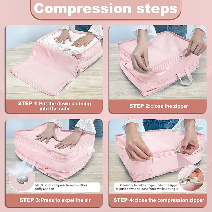 Compression Packing Cubes for Travel Essentials, 2pc Expandable Travel Cubes for Packing Bags Suitcase Organizer, Pink