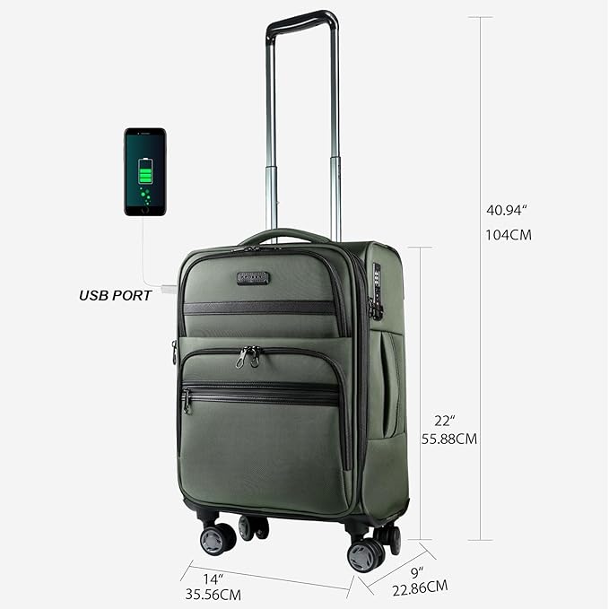 KROSER Softside Expandable Carry On Luggage with Front Business Pockets，20 Inch Suitcases with Spinner Wheels & Built-in TSA Lock, Durable Suitcase Rolling Luggage with USB Port, Army Green