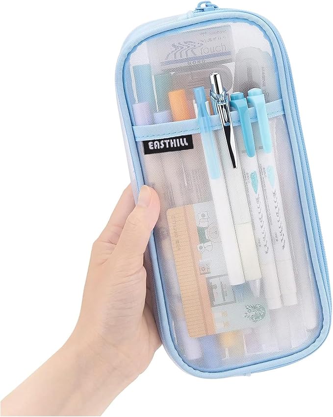 EASTHILL Grid Mesh Pen Pencil Case with Zipper Clear Makeup Color Pouch Cosmetics Bag Multi-Purpose Travel School Teen Girls Transparent Stationary Bag Office Organizer Box for Adluts(Blue)