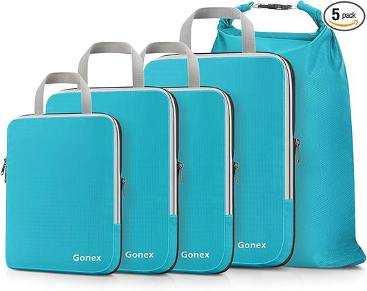 Gonex Compression Packing Cubes, 5pcs Expandable Storage Travel Luggage Bags Organizers with Laundry Bag (Blue)