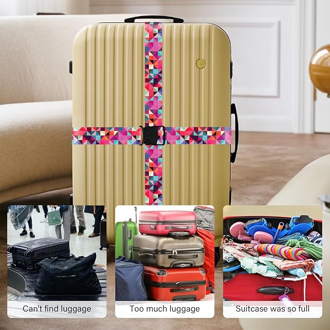 2 Pack Luggage Straps for Suitcases, Adjustable Travel Belt with Double Lock and Quick Release Buckle, Heavy Duty Nylon Bag Packing Strap, Bright Identifiers Business Travel Accessories-Colorful Block