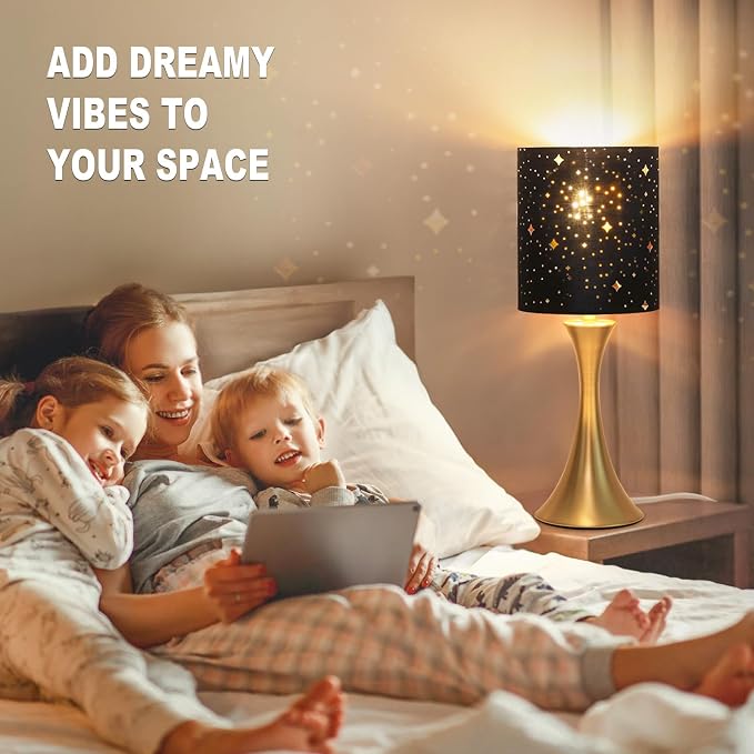 Touch Table Lamp,3 Way Dimmable Gold Bedside Lamp with Black Star Shade | Touch Control Nightstand Lamp, Decorative Ambient Bedside Light for Living Room, Bedroom, Dorm, Office, LED Bulb Included