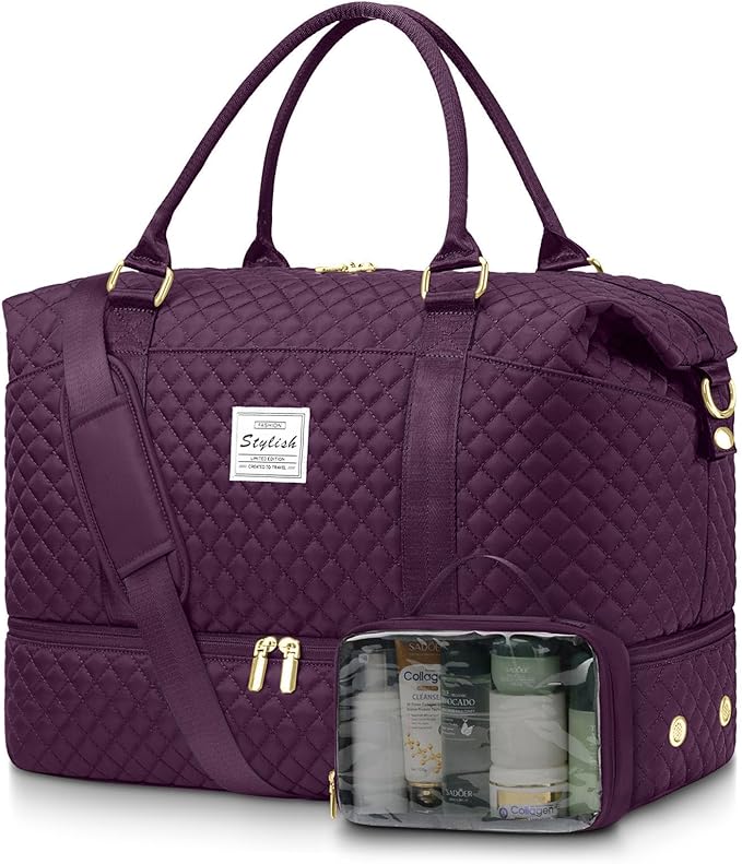 Women Weekender Travel Duffle Bag: Travel Duffel Overnight Bags with Shoe Compartment Carry on Tote Bag Toiletry Bag Weekend Yoga Gym Hospital Bags for Labor and Delivery with Wet Pocket Dark Purple