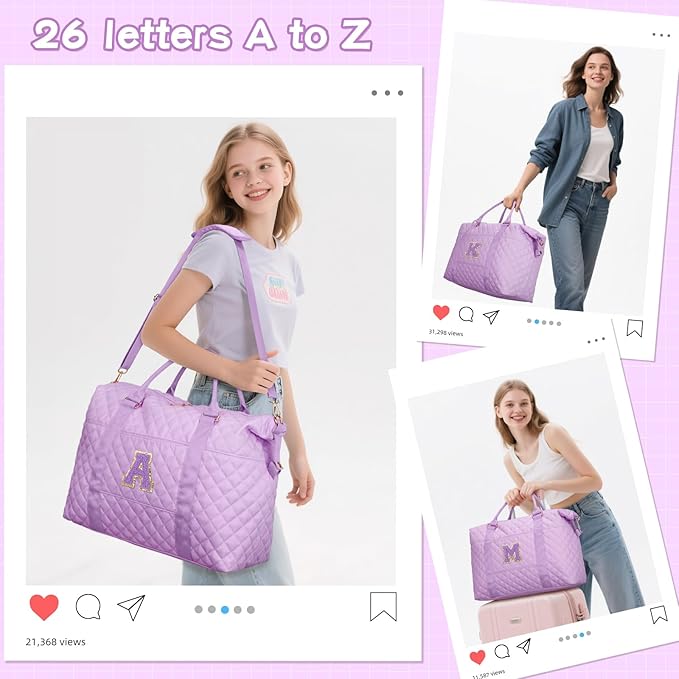 Gifts for Teen Girl, Initial Travel Duffle Bag, Personalized Women Weekender Overnight Bags, Gift for Daughter Kid Mom Friend College Girl Graduation Teacher（Purple,S)