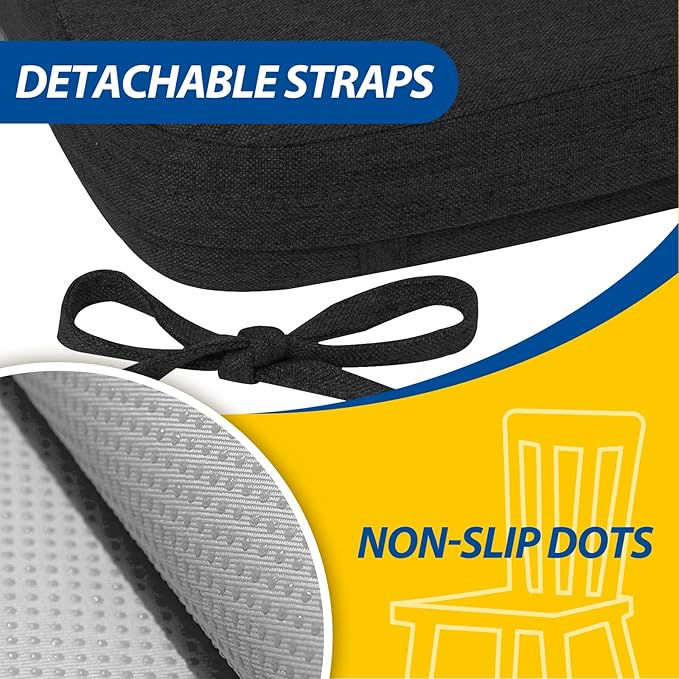AAAAAcessories D-Shaped Chair Cushions, 2" Thick Dining Chair Pads with Ties and Removable, Machine-Washable Cover, 17" x 16", Set of 6, Black