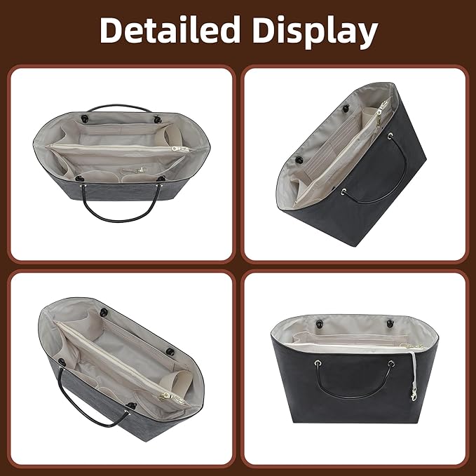 Doxo 2025 DupontPaper Purse Organizer Insert for Longchamp LePliage Large,Fixed Handle, Bag Shaper with Key Leash& 16 Compartments, Upgraded Elastic Cup Holder(Black-White，L)