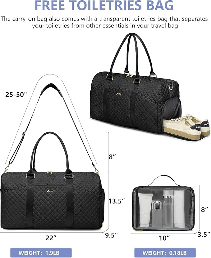 Women Weekender Travel Duffle Bag: Travel Duffel Overnight Bags with Shoe Compartment Large Carry on Tote with Toiletry Bag Weekend Traveling Yoga Gym Hospital Bag for Women with Wet Pocket Black