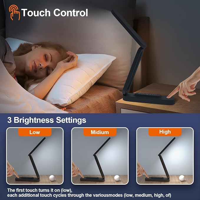 Giryuhd LED Desk Lamp for Office Home & Battery Operated Lamp Rechargeable Lamp Foldable & Portable Light, LED Desk Light Strip, 3 Brightness Dimmable Small Desk Lamp Wireless Reading Lamp(2-Black)