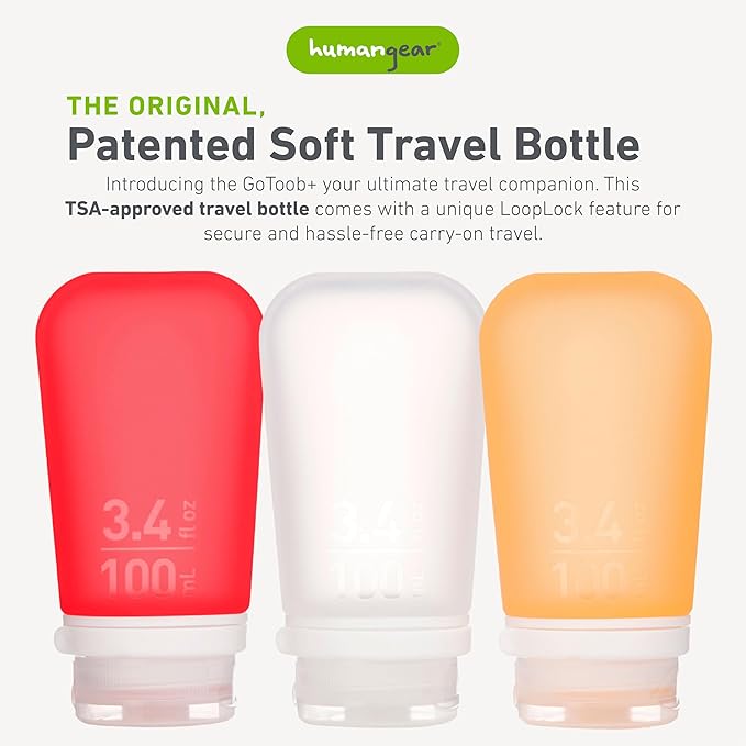 humangear GoToob+ Refillable Silicone Travel Size Bottles with Locking Cap, 3pk Set, Clear/Red/Orange, Large (3.4oz),HG3188