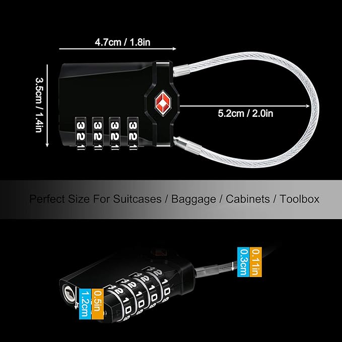 Diyife TSA Luggage Locks, 2 Packs, 4-Digit Combination Lock Security Padlock Travel Lock, with 14cm Flexible Cable for Suitcase Luggage Backpack School or Gym Cabinet, etc. (Black)
