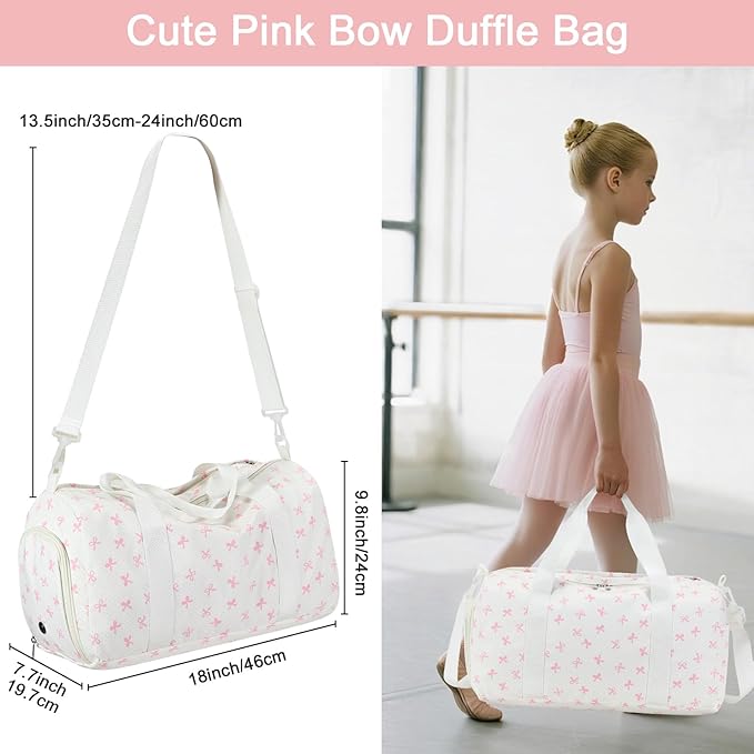 BTOOP Duffle Bag for Girls Kids Gym Sports Women Workout Travel Bag Weekender with Shoe Compartment and Wet Pocket (Pink Bow)