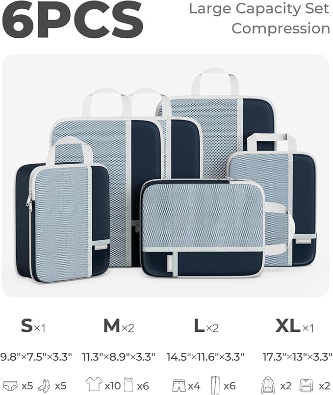 Percover Compression Packing Cubes 6-Piece Set, Packing Cubes Compression for Travel with Multi-Size Organization, Travel Organizer for Carry On & Checked Luggage, Navy Blue