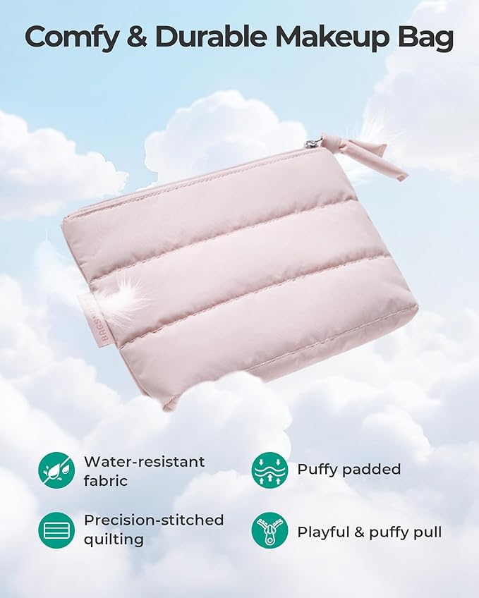 BAGSMART Small Makeup Bag, Puffy Portable Cosmetic Pouch with Charm Zipper, Water-Resistant Travel Organizer for Women (Camel, Small)