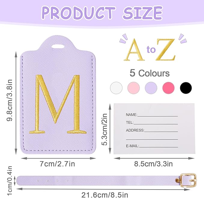 Personalized Initial Luggage Tags for Suitcases, Cute PU Leather Embroidered Letter Travel Luggage Tags, Suitcase Identifier Name Baggage Tag, Bag Tags for Men Women Kids Luggage Handbags(Purple M)