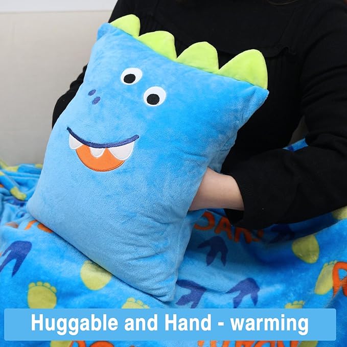 3 in 1 Kids Travel Pillow and Blanket Set - 40x60in, Plush Pillow with Hand Warmer, Dinosaur Pillow Blanket for Boys Birthday Christmas Party Favors and Travel Essential