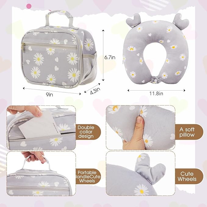 Redbaker 17 Inch 6 Pcs Kids Luggage Set Kids Rolling Luggage Double Pattern Suitcase for Boys Girls (Grey, Daisy Style)