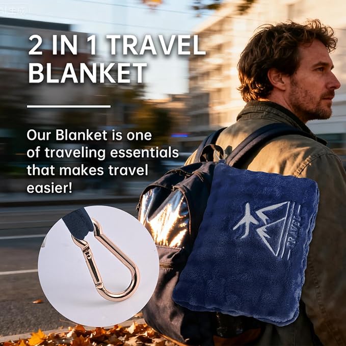 Travel Blanket and Pillow-2-in-1, Ultra-Soft&Compact,Airplane Blanket with Hand Luggage Belt and Backpack Clip,Travelers Accessories Gifts, 61x43 Inches（Navy）