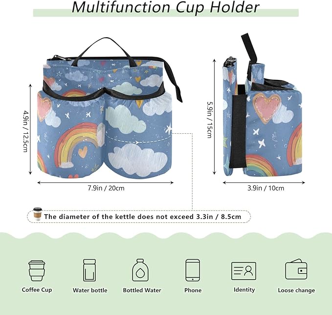 Blue Rainbow Hearts Clouds Stars Luggage Cup Holder Travel Portable Free Hand Drink Carrier Suitcase Drinks Beverage Holder Carry-On Bottle Mug Holder Organizer Bag Travelers Accessories