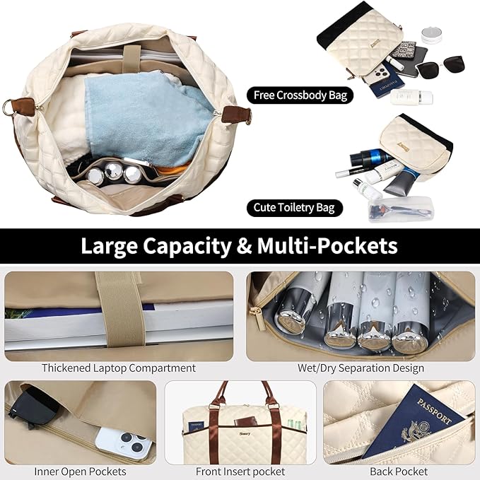 Weekender Bag, Large Travel Duffel Bag for Women, Carry on Overnight Bag with Shoe Compartment and Toiletry Bags