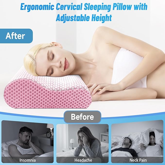 CloudBliss Memory Foam Pillow, Ergonomic Neck Contour Cervical Pillow for Back and Shoulder Pain, Orthopedic Pillow for Neck Pain Relief, for Sleeping Side, Back, Stomach Sleepers - Pink, King