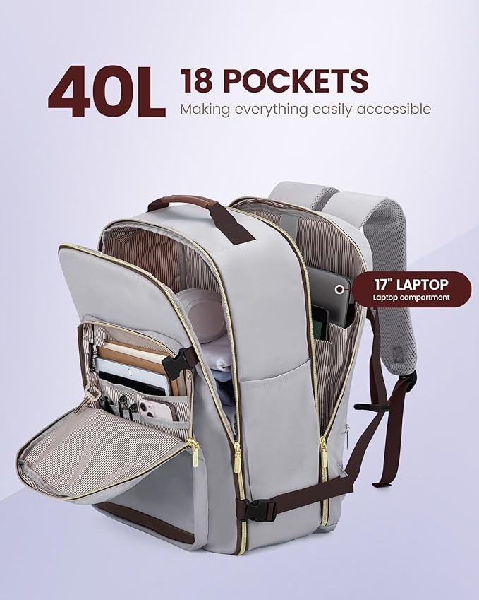 LOVEVOOK Travel Backpack for Women & Men 40L,Airline Approved Carry On Backpack Travel Essential,TSA Carry on Luggage,Personal Item Travel Bag,Suitcase with 3 Packing Cube,Light grey-Dark coffee color