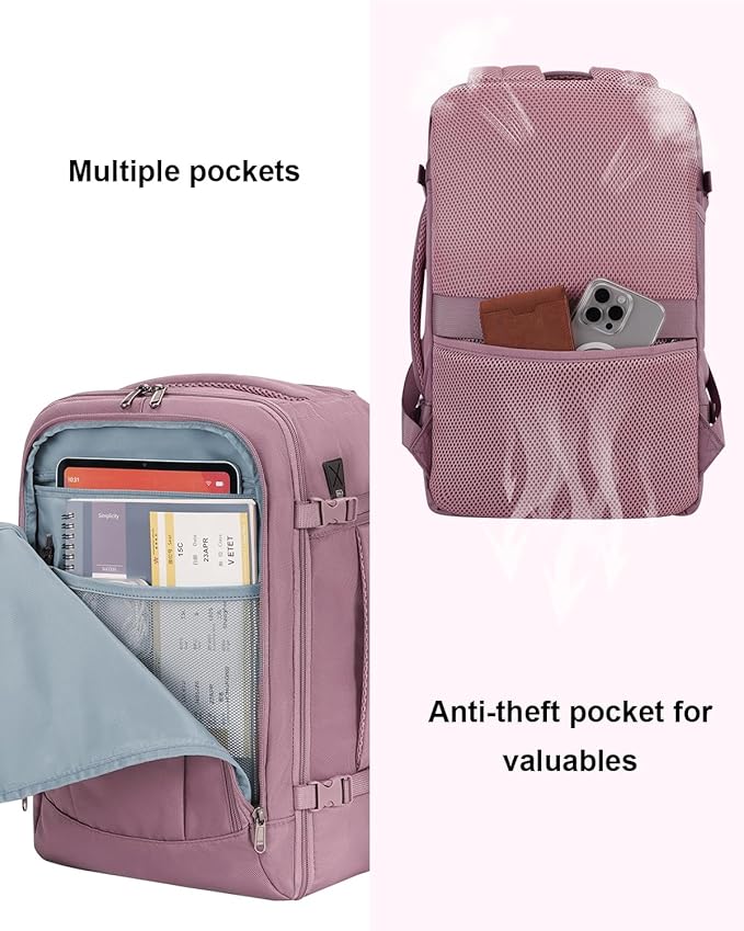 ECOHUB 17'' Travel Backpack, Personal Item Backpack with 13 Pockets, Flight Approved Carry on Backpack with USB Port & Luggage Sleeve, Travel bag for Women, Water Resistant Backpack, Pink