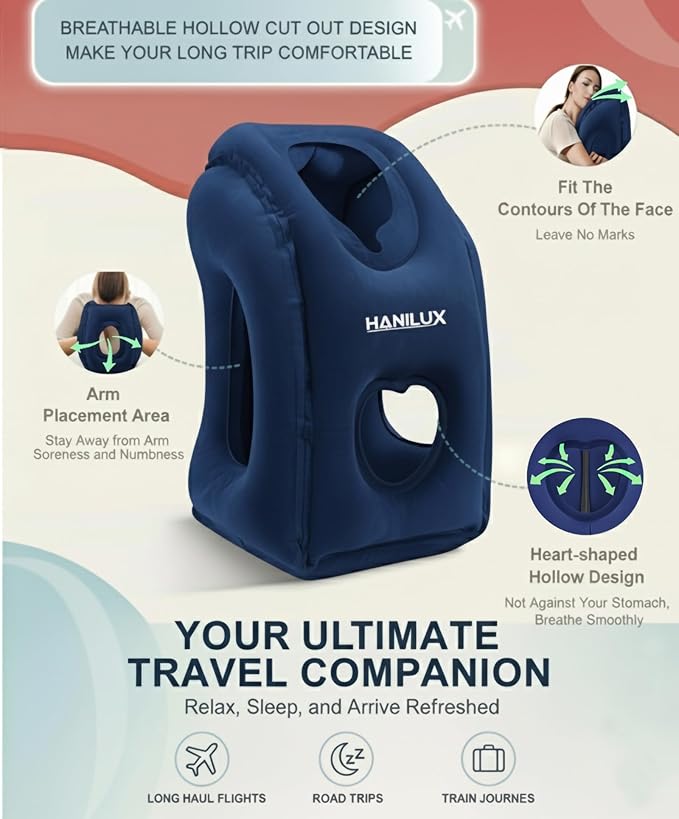Inflatable Travel Pillows for Airplanes, Blow Up Travel Pillow for Train Office Car with Chin and Neck Support, Travel Pillow for Sleep Support with Eye Mask,Storage Bag & Earplugs (Navy Blue)