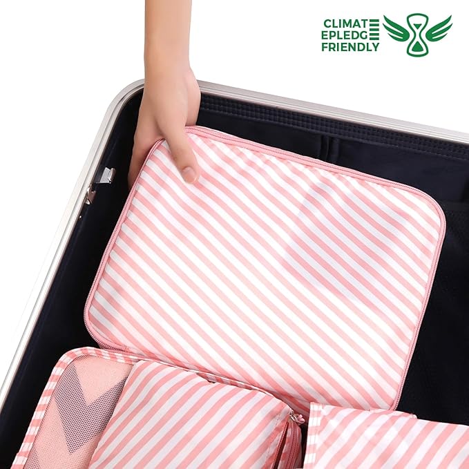 BAGAIL 8 Set Packing Cubes Luggage Packing Organizers for Travel Accessories-White and Pink Stripe