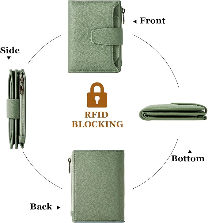 Airkit Small Wallet Women RFID Blocking Soft Leather Bifold Compact Card Holder Wallet for Women with Zipper Coin Pocket 4 ID Window