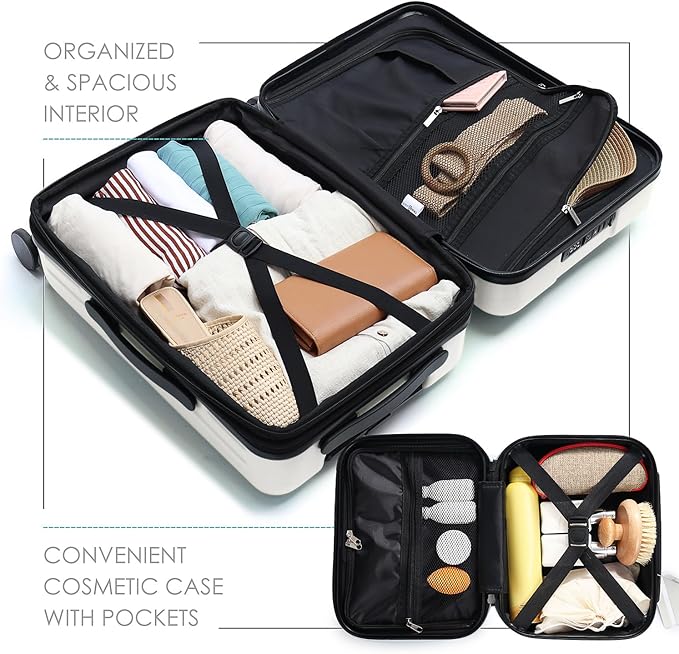 22 Inch Carry On Luggage 22x14x9 Airline Approved, Small Carry On Suitcase, Hard-shell Carry-on Luggage with Wheels, Durable Expandable White Luggage Carry-On with Cosmetic Case