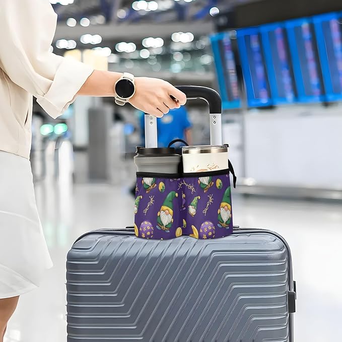 Luggage Cup Holder for Suitcases Free Hands Travel Cup Holder Portable Suitcase Cup Drink Holder Luggage Cup Caddy Bag Carrier Mardi Gras Gnomes