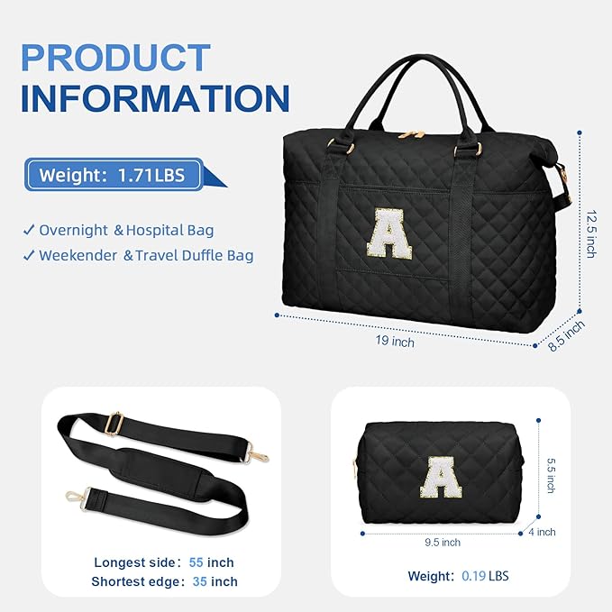 Gifts for Women, Initial Travel Duffle Bag, Personalized Weekender Overnight Bags, Gift for Mom Friend College Girl Graduation Teacher（Black,A)