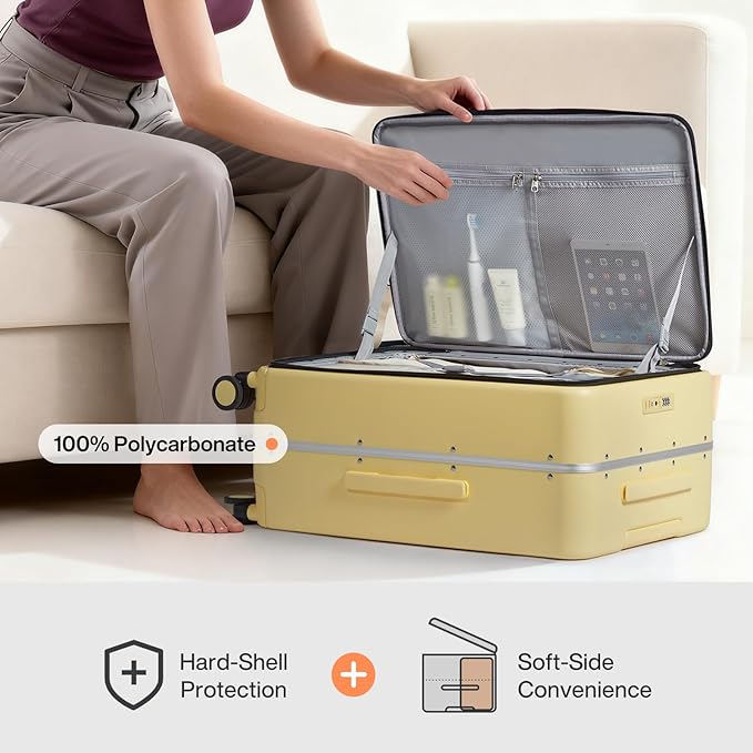 mixi 24 Inch Checked Luggage PC Hard Shell Suitcase Top Opening Aluminum Frame Travel Suitcases with Wheels, Lark Yellow