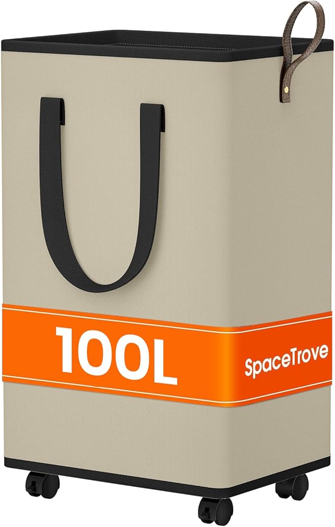 Laundry Basket with Wheels, Collapsible Laundry Baskets, Laundry Hamper with Handles Detachable Wheels, Rolling Laundry Basket, Dirty Clothes Hamper for Bathroom, Dorm, Bedroom, Beige, 100L