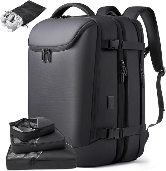 TANGCORLE 50L Carry on Travel Backpack, Expandable Airline Approved Backpacks with 3 Packing Cubes Fit 17.3 inch Laptop Suitcase backpack for Men Women(Black)