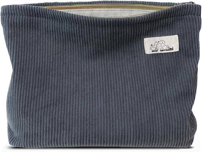 HAPPYHEIDI Corduroy Makeup Bag with Pocket Cute Cosmetic Toiletry Travel Pouch, Soft Fabric, Vintage Classic Gray, Lightweight, Canvas Lined
