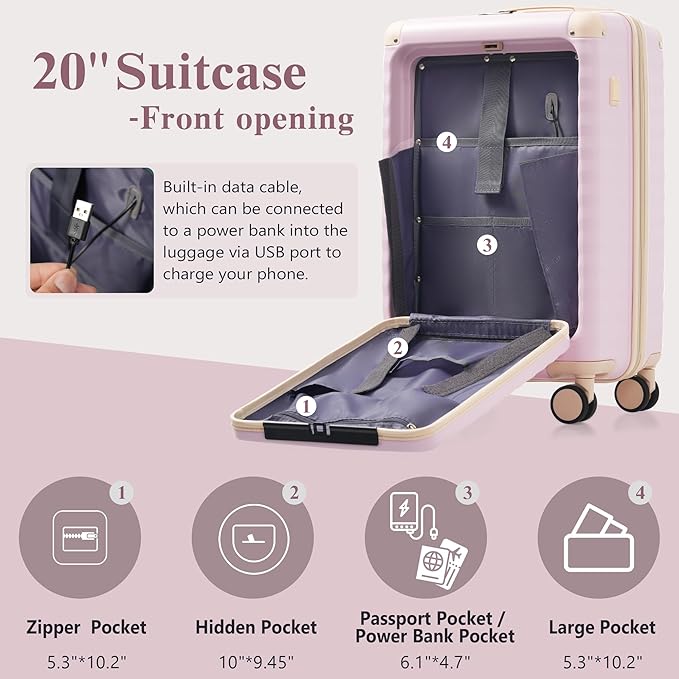 Merax Luggage Sets 3 Piece Front Opening, Hardside Lightweight Carry on Suitcase with Cup Holder USB Port,Durable Expandable Luggage with Bags Spinner Wheels and TSA Lock,Pink