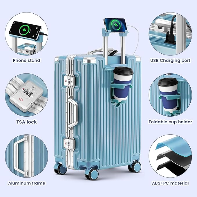 20 Inch Carry On Suitcase, Aluminum Frame Zipperless Hard Shell Luggage with Spinner Wheels, TSA Lock, USB Charging Port, Phone Holder, Cup Holder for Business Travel and Trips, Blue