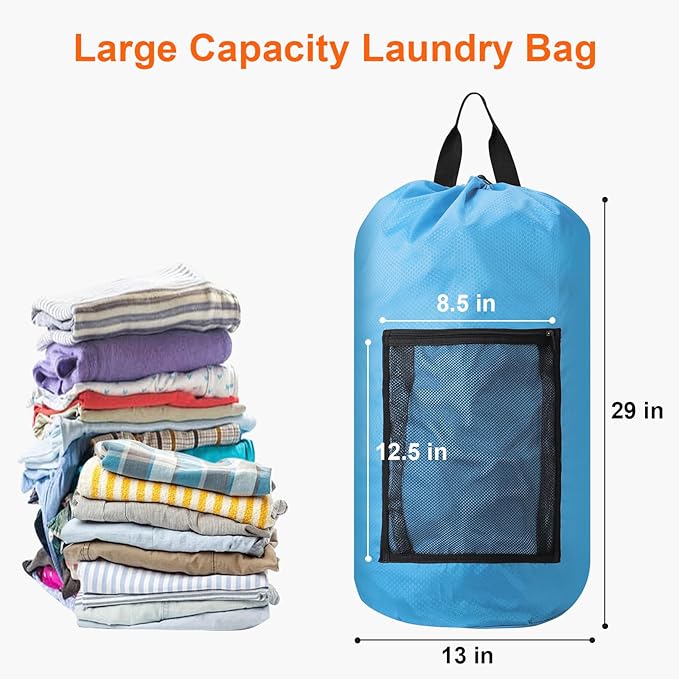 Laundry Bag Backpack Durable Laundry Bag with Shoulder Straps and Mesh Pockets Portable Laundry Dirty Clothes Hamper Bag for College Dorm (Blue)
