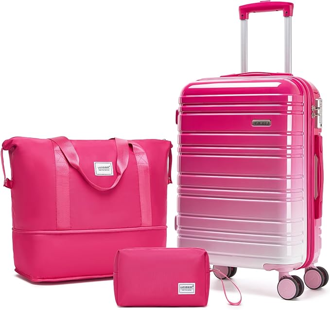 LARVENDER Carry on Luggage 22x14x9 Airline Approved, 20 Inch Hardside Suitcase with Wheels TSA Lock, PC+ABS Lightweight Travel Luggage Sets for Women, Berry Sparkling, 3 Piece Set